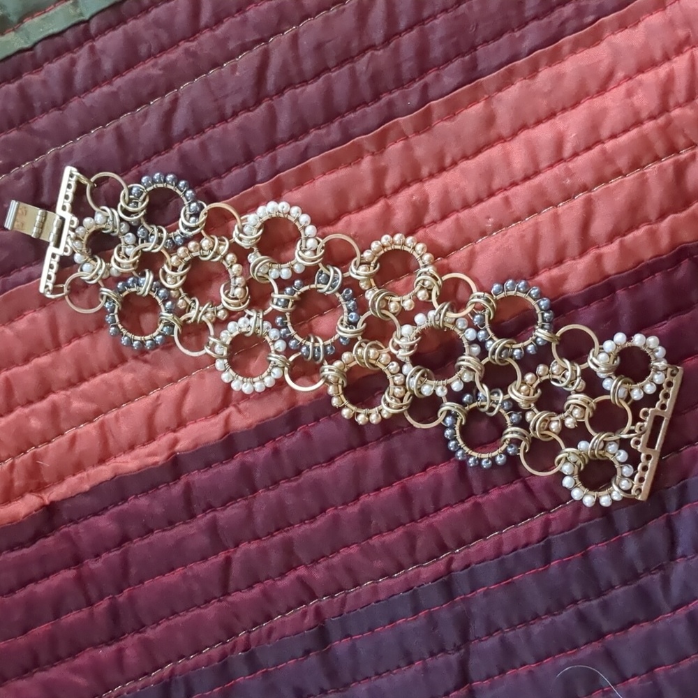 Vintage brass and beaded bracelet, chain maille look snap closure 7" L  2" W.